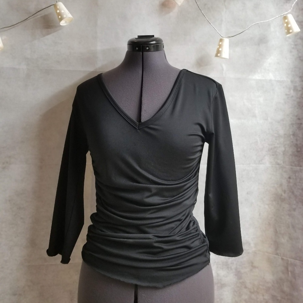 Black, ruched top with V neck.